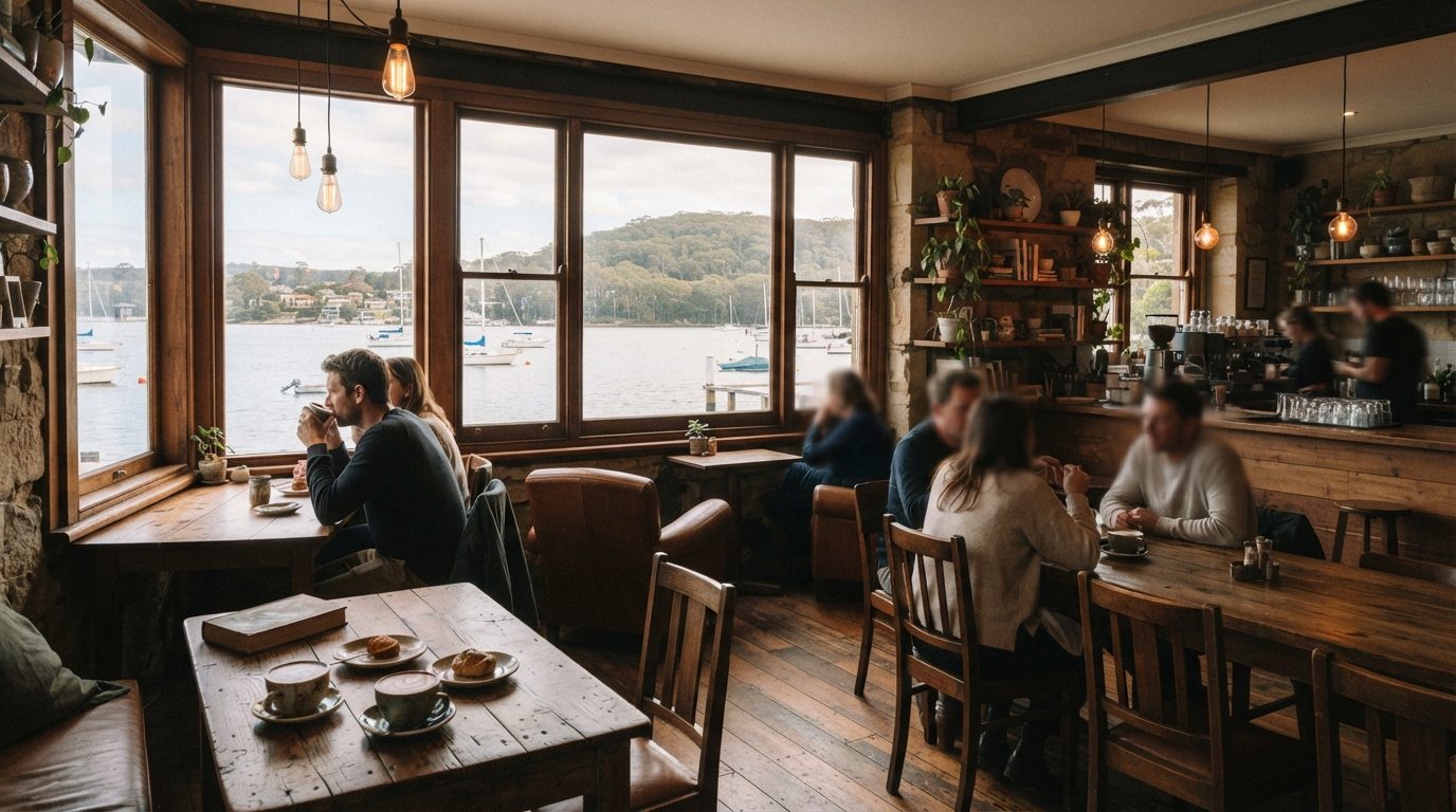 Hyggelig café indretning med træ og udsigt til vand