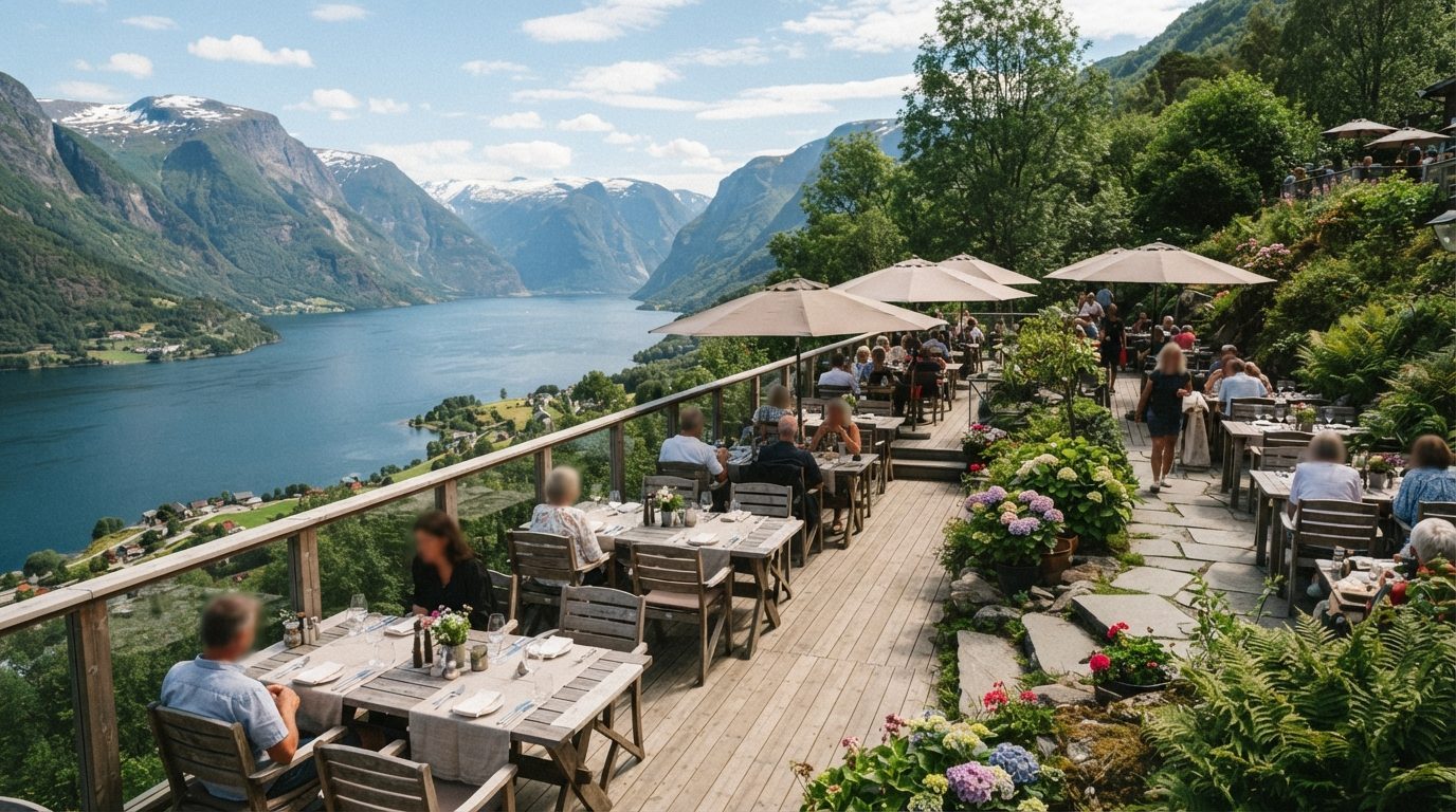 Udendørs spisefelt på terrasse med fjordudsigt