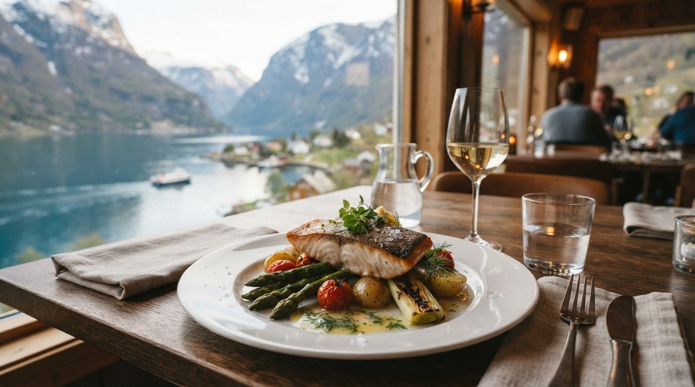 Ret med fersk fisk og grøntsager på restaurant ved fjorden