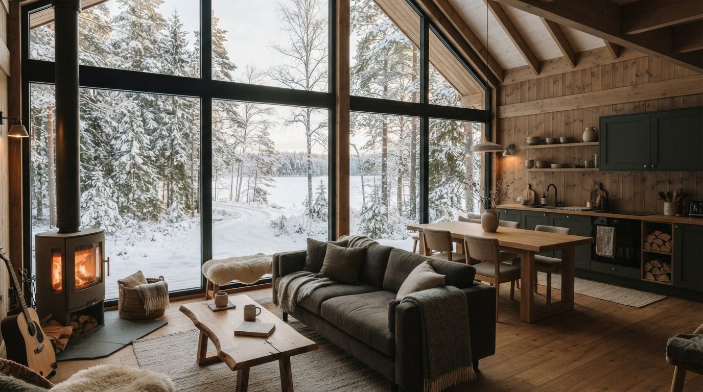 Indretning af moderne feriehytte med træ og udsigt til naturen