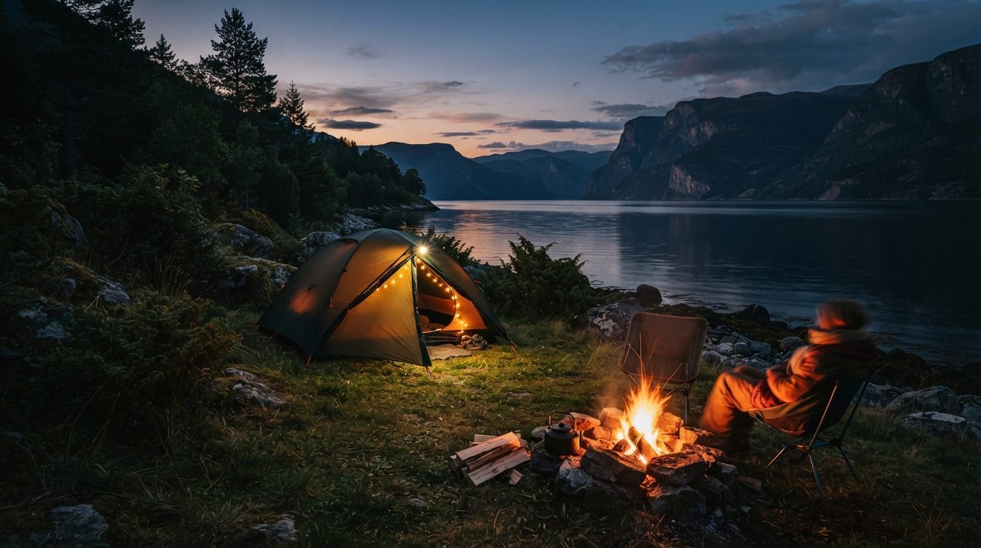 Campingtelt opslået nær fjordbredden ved skumring
