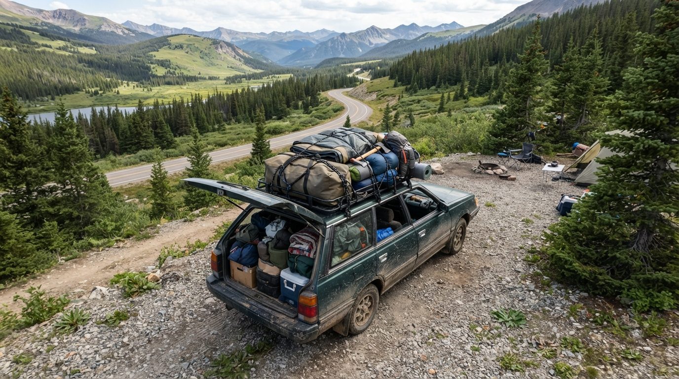 Bil pakket med bagage og campingudstyring klar til afrejse