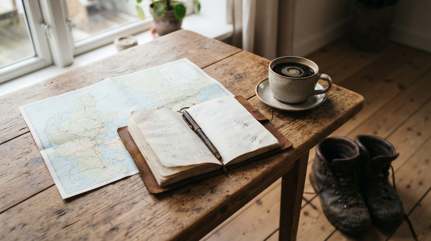 Rejseplanlægning med notesbog, kort og kaffe på træbord