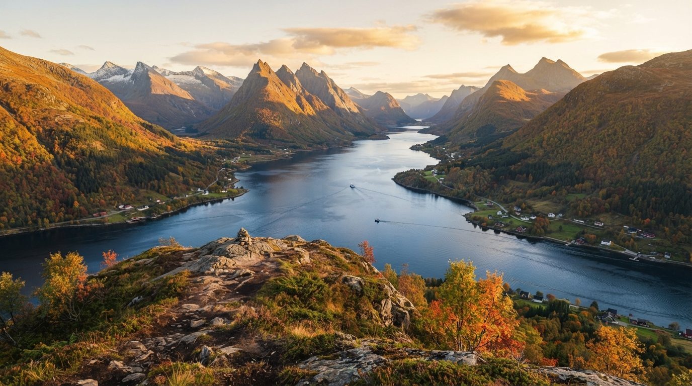 Udsigt fra fjeldtop over fjord og farveskiftende løv