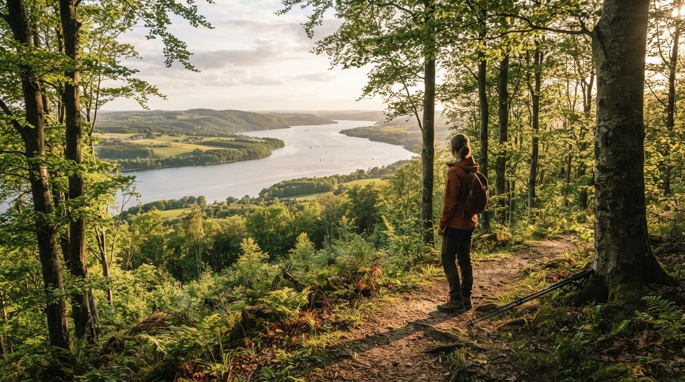 Vandrer på skovsti med udsigt over Mariagerfjord og bøgeskove